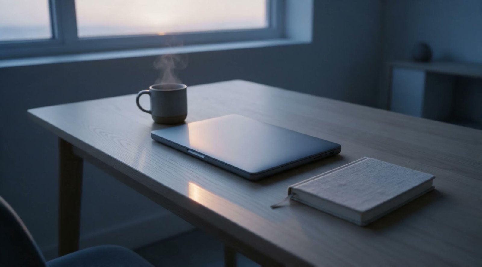 A closed laptop on a pale oak desk at first light, a mug steaming beside it.